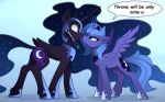  2019 black_fur blue_eyes blue_hair cosmic_hair cutie_mark digital_media_(artwork) duo english_text equid female feral friendship_is_magic fur hair hi_res horn knife mammal my_little_pony nightmare_moon_(mlp) princess_luna_(mlp) text winged_unicorn wings yakovlev-vad 