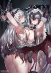  2girls armpits arms_up ass bare_shoulders bat_wings blush bound bound_arms breast_press breasts chains dark_jeanne elbow_gloves fate/grand_order fate_(series) gloves granblue_fantasy grimace headpiece jeanne_d&#039;arc_(alter)_(fate) jeanne_d&#039;arc_(fate)_(all) jeanne_d&#039;arc_(granblue_fantasy) long_hair looking_back multiple_girls nanaya_(daaijianglin) patreon_logo silver_hair symmetrical_docking thighhighs wings yellow_eyes 