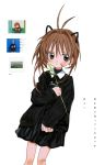  1girl 3: alternate_hairstyle animal_ears antenna_hair asymmetrical_hair bandage bandaged_fingers bandages bandaid bandaid_on_face bandaid_on_finger bandaid_on_knee bangs black_skirt blush brown_hair card_captor_sakura cat_ears closed_mouth dot_nose expressionless fake_animal_ears green_eyes hair_between_eyes hair_intakes hand_up highres holding kinomoto_sakura kokaki_mumose long_sleeves looking_to_the_side open_clothes plant short_hair_with_long_locks simple_background skirt sleeves_past_wrists solo turtleneck white_background wing_collar 