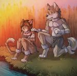  anthro canid canine canis clothed clothing collar coyote domestic_dog duo felid feline female hi_res howlart hybrid kneeling loincloth male mammal outside sitting whip_marks 