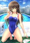  1girl :d bangs blue_sky blue_swimsuit blurry bokeh breasts brown_hair clothes_writing cloud collarbone competition_swimsuit covered_navel day depth_of_field eyebrows_visible_through_hair full_body green_eyes highres kneeling large_breasts light_particles long_hair looking_at_viewer one-piece_swimsuit open_mouth original outdoors poolside sidelocks signature sky smile solo swim_cap_removed swimsuit swimsuit_tug tsuyunominaduki wet 