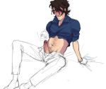  1boy blush body_hair creatures_(company) erection game_freak lowres male_focus nintendo penis pokemon presenting professor_sycamore sitting solo undressing 