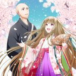  1boy 1girl :d bald blue_sky brown_hair day fan floral_print folding_fan grey_eyes long_hair looking_up novel_illustration official_art open_mouth outdoors paper_fan petals red_eyes sky smile standing very_long_hair wide_sleeves yomo_(rb_crr) 