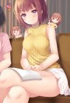  2girls :d bangs bare_legs bare_shoulders black_hair blunt_bangs breasts brown_hair character_doll clenched_teeth couch doll eyes_closed frown highres indoors komone_ushio legs_crossed looking_at_viewer miniskirt multiple_girls open_mouth original parted_lips pink_shirt purple_eyes ribbed_sweater shirt short_hair short_sleeves sitting skirt sleeveless smile standing striped striped_sweater sweater teeth thighs turtleneck turtleneck_sweater white_skirt 