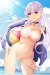  1girl azur_lane ball bangs bare_shoulders beachball belfast_(azur_lane) bikini bikini_tug blue_eyes blue_sky blush braid breasts chains cleavage cloud collar contrapposto cowboy_shot day dhfz181 french_braid gluteal_fold groin highres jacket large_breasts lavender_hair long_hair looking_at_viewer navel off_shoulder open_clothes open_jacket purple_jacket sky smile solo stomach sunlight swimsuit thighs wading white_bikini 