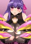  bare_shoulders blush breasts claws commentary_request cube_(circussion) eyebrows_visible_through_hair fate/extra fate/extra_ccc fate/grand_order fate_(series) gigantic_breasts hair_ribbon lips long_hair looking_at_viewer o-ring o-ring_top passion_lip pink_eyes pink_ribbon purple_hair ribbon solo torn_clothes 