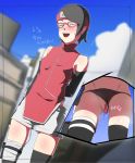  1girl boruto:_naruto_next_generations breasts egg_vibrator glasses highres masturbation naruto naruto_(series) no_panties object_insertion public small_breasts stealth_masturbation uchiha_sarada uncensored vibrator 