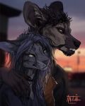  absurd_res african_wild_dog blue_hair canid canine clothed clothing duo ear_piercing ear_ring embrace fangs felid female green_eyes hair hi_res long_hair male mammal pantherine piercing smile sunrise tatiilange whiskers yellow_eyes 