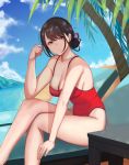  1girl arm_support bangs bare_arms bare_shoulders beach black_hair blue_eyes blue_sky blush breasts cleavage cloud collarbone day eyebrows_visible_through_hair gg-e hair_ribbon hair_up hand_up head_tilt highres large_breasts leaning_forward legs_crossed long_hair looking_at_viewer mole mole_on_breast ocean one_eye_closed original outdoors palm_tree parted_lips red_ribbon red_swimsuit ribbon short_hair sidelocks sitting sky solo swimsuit thighs tree 