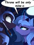  2019 black_fur blue_eyes blue_hair cosmic_hair cutie_mark digital_media_(artwork) duo english_text equid female feral friendship_is_magic fur hair hi_res horn knife mammal my_little_pony nightmare_moon_(mlp) princess_luna_(mlp) text winged_unicorn wings yakovlev-vad 