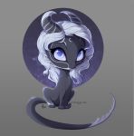  2018 absurd_res chibi digital_media_(artwork) dragon female feral hair hi_res horn midnight_(yasmil) purple_eyes sitting smile solo white_hair yasmil yasmilart 