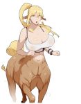  big_breasts blonde_hair bottomless bouncing_breasts breasts breath brown_fur centaur centorea_shianus_(monster_musume) cleavage clothed clothing collarbone crop_top ear_tuft equid equine equine_taur fur glistening glistening_skin hair hi_res humanoid humanoid_taur mammal materclaws monster_musume motion_lines navel nipple_outline open_mouth pink_lips ponytail portrait purple_eyes running shirt simple_background sweat taur three-quarter_portrait tight_clothing topwear tuft white_background white_clothing white_topwear yellow_fur 