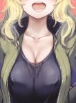  1girl absurdres aomushi_(mushamusha) black_shirt blonde_hair breasts brown_jacket cleavage erect_nipples facing_viewer girls_und_panzer head_out_of_frame highres huge_filesize jacket kay_(girls_und_panzer) large_breasts long_hair military military_uniform open_clothes open_jacket open_mouth red_background saunders_military_uniform shirt solo uniform upper_body 