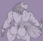  back_muscles bathym big_butt bulge butt canid canine canis clothing demon gloves horn looking_at_viewer looking_back male mammal mane_hair muscular muscular_male ripped-saurian tokyo_afterschool_summoners video_games wetsuit wolf 