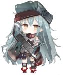  1girl arm_up assault_rifle bangs bare_shoulders black_shorts brown_eyes chibi commentary_request eyebrows_visible_through_hair flat_cap full_body g11_(girls_frontline) girls_frontline green_hair green_headwear green_jacket gun h&amp;k_g11 hair_between_eyes hat holding holding_gun holding_weapon jacket kotatu_(akaki01aoki00) long_hair long_sleeves object_namesake off_shoulder open_clothes open_jacket red_footwear rifle shoes short_shorts shorts simple_background sleeves_past_wrists solo standing tank_top very_long_hair weapon white_background white_tank_top 