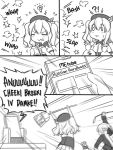  2girls ak-12_(girls_frontline) brand_name_imitation broom cellphone comic fight_cloud girls_frontline guin_guin kantai_collection kashima_(kantai_collection) light_bulb moneybag multiple_girls phone smartphone sound_effects tongue tongue_out 