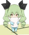  1girl anchovy barefoot black_ribbon blue_pants blue_shirt blush child commentary covering_mouth drill_hair eyebrows_visible_through_hair girls_und_panzer green_hair hair_ribbon holding holding_pillow jinguu_(4839ms) long_hair long_sleeves pajamas pants pillow polka_dot polka_dot_pants polka_dot_shirt red_eyes ribbon shadow shirt solo standing tatami twin_drills twintails white_background younger 