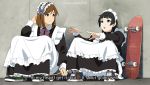  2girls apron bangs black_dress black_eyes black_hair blunt_bangs brown_eyes brown_hair commentary dress english_text fake_screenshot frills hime_cut long_hair long_sleeves looking_at_another maid maid_apron maid_headdress medium_hair multiple_girls original shoes sitting skateboard sneakers subtitled suzushiro_(suzushiro333) twitter_username 