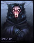  2019 ambiguous_gender anthro black_fur black_hair canid canine circuit_board claws cloak clothed clothing fangs fur hair hi_res k_dromka looking_at_viewer mal0 mammal scp-1471 scp_foundation skull solo teeth text white_eyes 