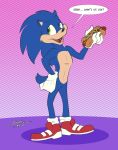  2019 chilli_dog clothing dialogue english_text eulipotyphlan food footwear gloves green_eyes hedgehog hi_res hot_dog male mammal shoes solo sonic_(series) sonic_the_hedgehog spotty_the_cheetah text 