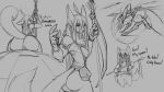  16:9 2018 anthro anus arrow bag belt breasts butt canid canine canis chest_tuft chibi dialogue featureless_crotch female grey_background group hair hi_res long_hair looking_at_viewer mammal melee_weapon monochrome navel nipples open_mouth pawpads polearm pussy raised_tail rear_view simple_background sitting snout spear standing threat tuft watsup weapon wolf 