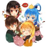  1boy 3girls animal animal_on_head aqua_(konosuba) bird bird_on_head black_hair blonde_hair blue_eyes blue_hair blush blush_stickers brown_hair chibi chick chomusuke commentary darkness_(konosuba) emperor_zel eyepatch eyepatch_removed eyes_closed fingerless_gloves gloves hair_ornament hair_rings highres jacket kono_subarashii_sekai_ni_shukufuku_wo! kotatsu long_hair multiple_girls on_head playing_games ponytail red_eyes satou_kazuma short_hair sitting speech_bubble sweatdrop table tears track_jacket track_suit triangle_mouth uno_(game) white_background x_hair_ornament yuno_(suke_yuno) 