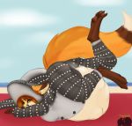  anthro autumn_(praexon) beach canid canine carpet_shark female fish fox green_eyes hair hi_res kigurumi mammal marine red_fox red_hair same_size seaside shark tenewuff vore whale_shark 