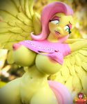  2019 3d_(artwork) anthro areola breasts clothing cutie_mark digital_media_(artwork) english_text equid equine eyelashes eyeshadow feathered_wings feathers female fluttershy_(mlp) forsaken_(artist) friendship_is_magic hair hi_res makeup mammal my_little_pony navel nipples pterippus pussy solo text wings 