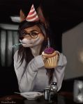  2019 anthro birthday black_eyebrows black_hair brown_eyes brown_fur candle canid canine clothed clothing cupcake digital_media_(artwork) eyebrows eyewear female food fox fur glasses hair hat headgear headwear hi_res holding_food holding_object long_hair mammal multicolored_fur party_hat piratefoxbox plate sitting solo sweater table topwear two_tone_fur white_fur 