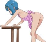  1girl apron ass bangs blue_eyes blue_hair breasts creatures_(company) game_freak hair_ornament leaning_forward looking_at_viewer looking_back naked_apron nintendo ontaros pokemon pokemon_(game) pokemon_sm shiny shiny_hair shiny_skin short_hair small_breasts solo suiren_(pokemon) trial_captain 