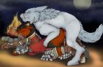  2018 anthro anthro_on_feral armor bestiality big_breasts black_hair bleeding_dragon blizzard_entertainment blush bovid bovine breasts butt canid canine canis cum cum_leaking digital_media_(artwork) domestic_dog female feral firepit from_behind_(disambiguation) fur hair hooves horn interspecies knotting male male/female mammal moon orgasm outside penetration penis pubes pussy sex star tauren video_games warcraft wolf 