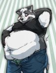  anthro belly big_belly black_fur blush bottomwear canid canine claws clothed clothing fox fur hand_behind_head hand_on_stomach jeans looking_down lukoi male mammal midriff moobs navel obese obese_male open_pants overweight overweight_male pacato pants smile solo tight_clothing torn_bottomwear torn_clothing torn_jeans torn_pants underwear weight_gain white_fur 