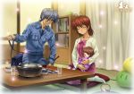  1boy 2girls antenna_hair baby bag blue_eyes blue_hair blue_jumpsuit bookshelf brown_hair clannad copyright_name couple dango_daikazoku eyes_closed family father_and_daughter food furukawa_nagisa good_end hetero highres husband_and_wife jumpsuit mother_and_daughter multiple_girls mutsuki_(moonknives) okazaki_tomoya okazaki_ushio short_hair socks sparkle stuffed_toy table tatami white_legwear 