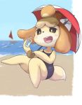  1girl animal beach black_eyes blonde_hair blush boat brown_eyes dog_girl dog_tail doubutsu_no_mori furry glass hair_ornament highres nintendo open_mouth parasol school_swimsuit shizue_(doubutsu_no_mori) short_hair sitting swimsuit tail tongue umbrella watercraft 