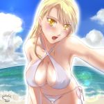  1girl 2012 beach bikini blonde_hair blue_sky breasts cleavage cloud collarbone criss-cross_halter dated day earrings erect_nipples fullmetal_alchemist halterneck jewelry large_breasts lens_flare long_hair looking_at_viewer mole mole_under_mouth ocean open_mouth outdoors riza_hawkeye s_(s_r2) shiny shiny_hair sideboob sky solo swimsuit thigh_gap white_bikini yellow_eyes 