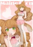  1girl :&lt; animal_ear_fluff animal_ears artist_name bangs bare_arms bare_shoulders blush border bow breasts brown_hair character_request cleavage commentary_request copyright_request crop_top fox fox_ears full_body gotoh510 green_eyes hand_up head_tilt highres large_breasts long_hair looking_at_viewer midriff multiple_views nail_polish navel neck_ribbon no_shoes outside_border parted_lips pink_background pink_shorts red_nails red_neckwear red_ribbon ribbon shirt short_shorts shorts signature silhouette sleeveless sleeveless_shirt standing stomach thighhighs thighs upper_body white_border white_bow white_legwear white_shirt 