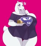  absurd_res anthro big_breasts blush boss_monster bottomless bovid breasts caprine clothed clothing delta_rune dessert eating emanata female floppy_ears food fur goat hi_res horn looking_at_viewer mammal pie pink_background purple_eyes shirt short_tail simple_background solo sssonic2 sweat sweatdrop thick_thighs topwear toriel undertale video_games voluptuous white_fur wide_hips 