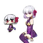  1girl armlet bangs bare_shoulders blush breasts chan_co chibi closed_mouth collarbone commentary_request dress earrings fate/grand_order fate_(series) gold hair_between_eyes hair_ribbon halterneck jewelry kama_(fate/grand_order) kneehighs leggings looking_at_viewer pink_ribbon purple_dress purple_legwear purple_sleeves red_eyes ribbon ring short_hair silver_hair simple_background sitting small_breasts solo thighhighs thighlet thighs white_background white_hair 