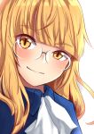  1girl blonde_hair blush cravat eyebrows_visible_through_hair glasses highres hora_liar light_smile long_hair looking_at_viewer perrine_h_clostermann portrait rimless_eyewear solo strike_witches upper_body white_background world_witches_series yellow_eyes 