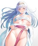  1girl bare_shoulders blush breasts cleavage embarrassed hairband highres irohakaede jewelry kantai_collection large_breasts long_hair looking_at_viewer navel purple_eyes remodel_(kantai_collection) ring sarashi shoukaku_(kantai_collection) silver_hair simple_background solo underboob wedding_band white_background 
