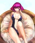  1girl breasts closed_mouth commentary_request graphite_(medium) gundam haman_karn large_breasts looking_at_viewer navel pink_hair purple_eyes ri-ko short_hair sitting smile solo traditional_media zeta_gundam 