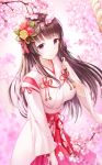  1girl bang_dream! bangs bell blurry blurry_background blush breasts brown_hair cherry_blossoms closed_mouth commentary_request depth_of_field eyebrows_visible_through_hair flower hair_flower hair_ornament hakama hand_up japanese_clothes jingle_bell kimono long_hair long_sleeves looking_at_viewer lunacle medium_breasts petals pink_flower purple_eyes red_flower red_hakama rose shirokane_rinko smile solo tree_branch very_long_hair white_kimono wide_sleeves yellow_flower yellow_rose 
