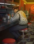  1boy arm_support back bar_stool brown_eyes brown_hair checkered checkered_floor closed_mouth counter cup denim diner exit_sign food fujiwara_takumi highres indoors initial_d jacket jeans ketchup ketchup_bottle long_sleeves looking_at_viewer monorus mug mustard mustard_bottle napkin napkin_holder neon_lights pants parody pepper_shaker salt_shaker shelf short_hair sitting solo steam stool 