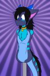  2015 amputee anthro armless black_fur black_hair blue_eyes blue_fur chest_tuft collar countershading fur grey_fur hair hi_res horn jasentamiia legless male mouthless nude quadruple_amputee simple_background solo tuft 