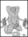  anthro balls cum displacer_beast felid feline hi_res johnfreak male mammal masturbation multi_arm multi_limb penis simple_background solo tentacles 