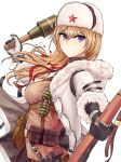  &gt;:( 1girl ammunition_pouch bag bangs belt belt_buckle belt_pouch blonde_hair blue_eyes bolt_action breasts brown_belt buckle closed_mouth coat commentary commentary_request explosive eyebrows_visible_through_hair fur_collar fur_hat fur_trim girls_frontline gloves grenade grenade_pin gun hair_between_eyes hair_tie handgun hat highres holding holding_grenade holding_weapon holster holstered_weapon hood hood_down hooded_coat jacket load_bearing_equipment long_hair looking_to_the_side mod3_(girls_frontline) mosin-nagant mosin-nagant_(girls_frontline) multiple_straps necktie open_clothes open_coat pouch red_neckwear red_star revolver ribbed_sweater rifle satchel side_ponytail sidelocks solo sweater testame ushanka weapon white_coat white_headwear 