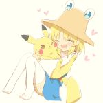  1girl ayakashi_(monkeypanch) blonde_hair cheek-to-cheek creatures_(company) drooling eyes_closed game_freak gen_1_pokemon hair_ribbon happy hat heart highres hug moriya_suwako nintendo open_mouth orange_eyes pikachu pokemon ribbon thighhighs touhou 