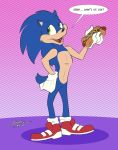  2019 chilli_dog clothing dialogue english_text eulipotyphlan food footwear gloves green_eyes hedgehog hi_res hot_dog male mammal shoes solo sonic_(series) sonic_the_hedgehog spotty_the_cheetah text 