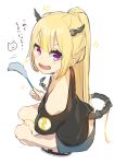  1girl :d absurdres ass bangs bare_shoulders black_footwear black_shirt blonde_hair blue_skirt blush bone_tail butt_crack cat_teaser eyebrows_visible_through_hair full_body high_ponytail highres holding horns long_hair looking_at_viewer off_shoulder omucchan_(omutyuan) open_mouth original ponytail purple_eyes shirt shoes short_sleeves sidelocks simple_background skirt smile solo squatting translation_request very_long_hair white_background 