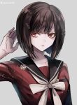  1girl alternate_hair_length alternate_hairstyle artist_name bangs black_hair breasts collarbone commentary_request danganronpa flower_ornament grey_background hair_ornament hairclip harukawa_maki looking_to_the_side mole mole_under_eye new_danganronpa_v3 red_eyes red_shirt shirt short_hair simple_background small_breasts solo twitter_username z-epto_(chat-noir86) 